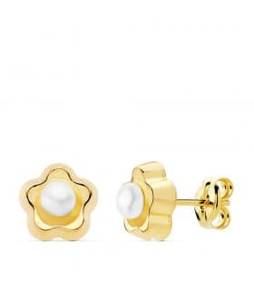 Pendientes Niña Flor Perlas Oro Amarillo 18K 8 mm cierre rosca grandes 8 años