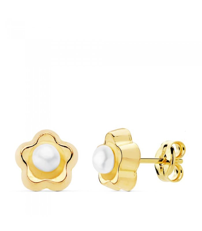 Pendientes Niña Flor Perlas Oro Amarillo 18K 8 mm cierre rosca grandes 8 años