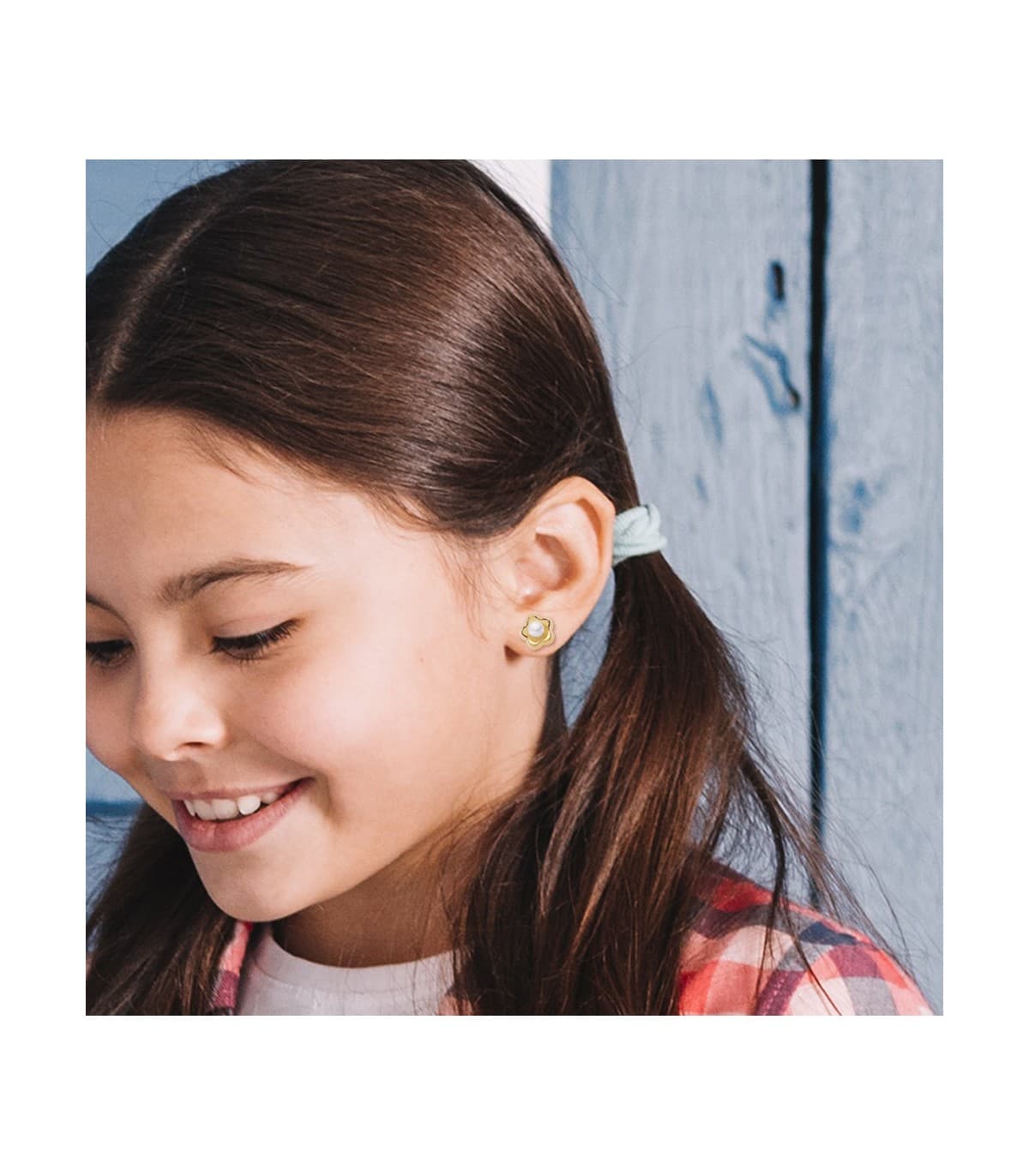 Pendientes Niña Flor Perlas Oro Amarillo 18K 8 mm cierre rosca grandes 8 años