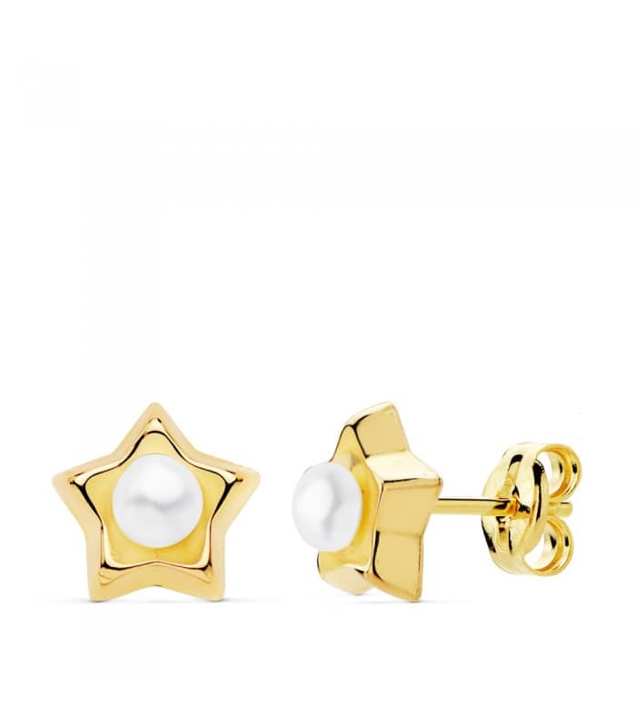Pendientes Niña Perla Estrellas Oro Amarillo 18K 8 mm cierre presion grandes