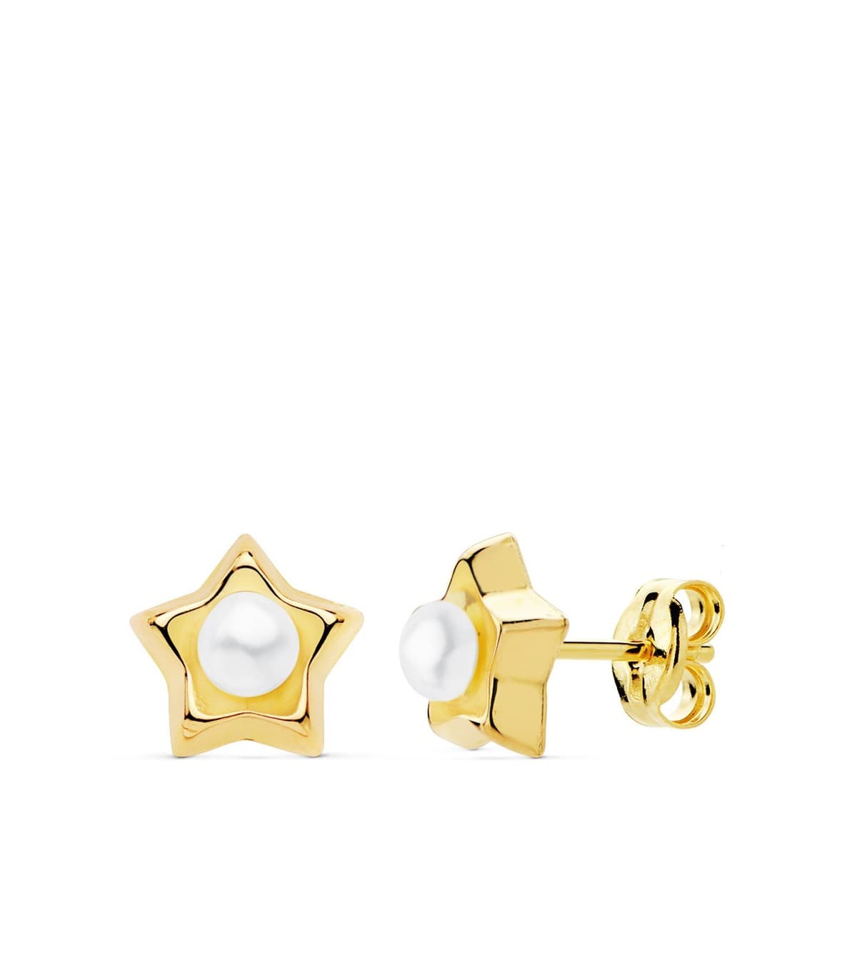 Pendientes Niña Perla Estrellas Oro Amarillo 18K 8 mm cierre presion grandes