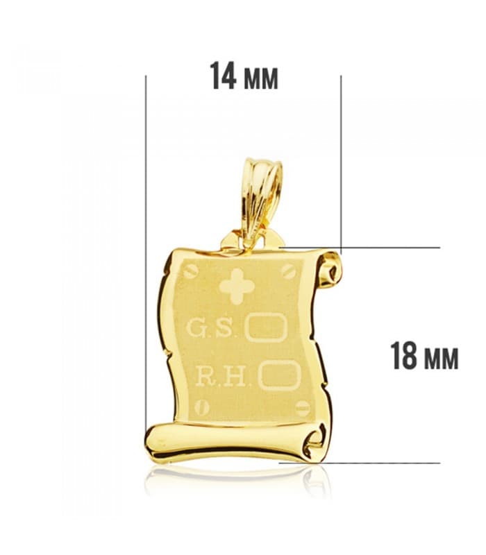 Pergamino RH  placa colgante oro 18k grabado personalizado joya chapa texto