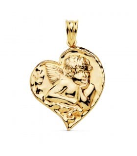 Medalla Corazón Ángel Oro Amarillo 18k 25mm colgante amor cupido