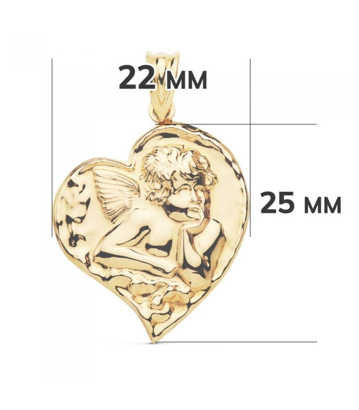 Medalla Corazón Ángel Oro Amarillo 18k 25mm colgante amor cupido grabado joya personalizada