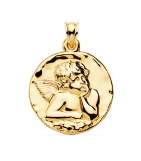 Medalla Redonda Ángel Oro Amarillo 18k 35 mm grabado frase