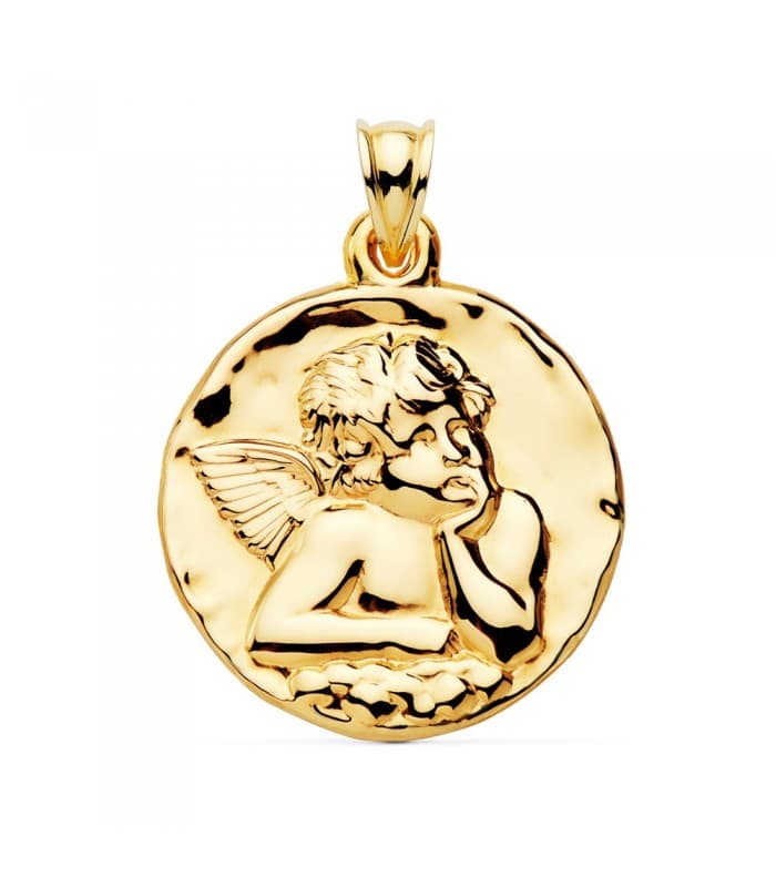 Medalla Redonda Ángel Oro Amarillo 18k 35 mm grabado frase