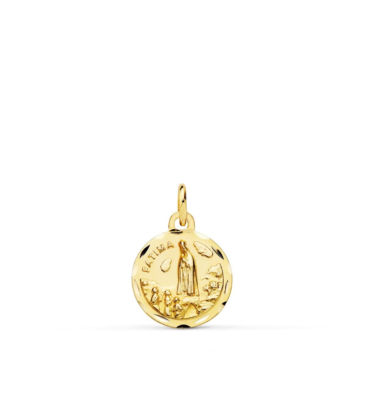 Medalla Religiosa Católica Virgen de Fátima Oro 18K 14mm Colgante Joya personalizada grabado nombre fecha comunión niña