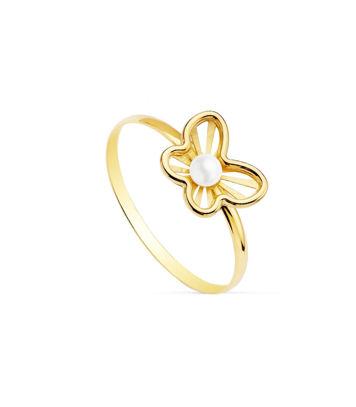 Sortija joyas niña Comunión Chloe Oro 18 Kilates Mariposa juego conjunto perlas anillos modernos