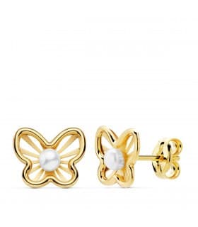 Pendientes modernos niña primera Comunión Chloe Oro 18K Mariposa juego joyas conjunto  perlas cierre presión pequeños baratos