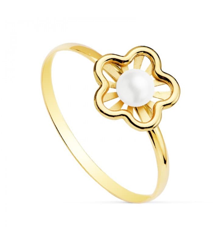 Sortija niña 1ª Comunión Chloe Oro 18K Flor conjunto joyas juego anillo moderno perla barato