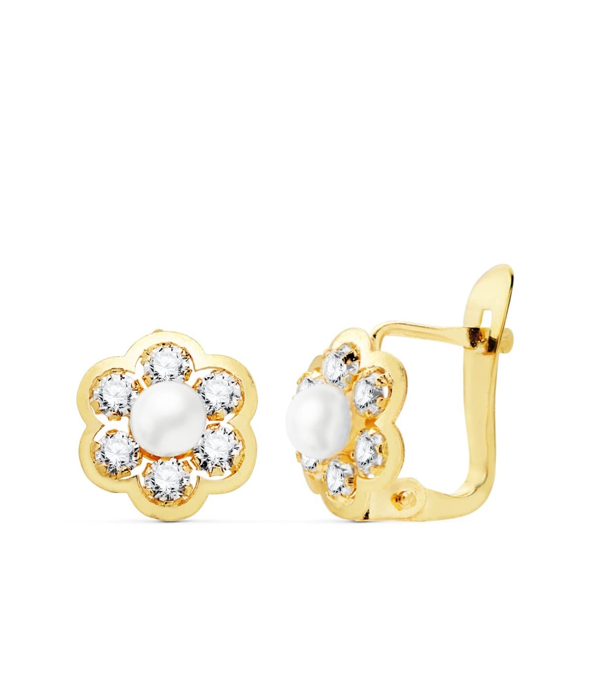 Pendientes niña Comunión cierre catalán Camila Oro 18K Perla conjunto juego flor