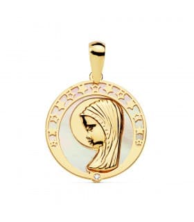 Medalla religiosa Comunión Oro 18K Virgen niña Nácar Estrellas regalo joya personalizada