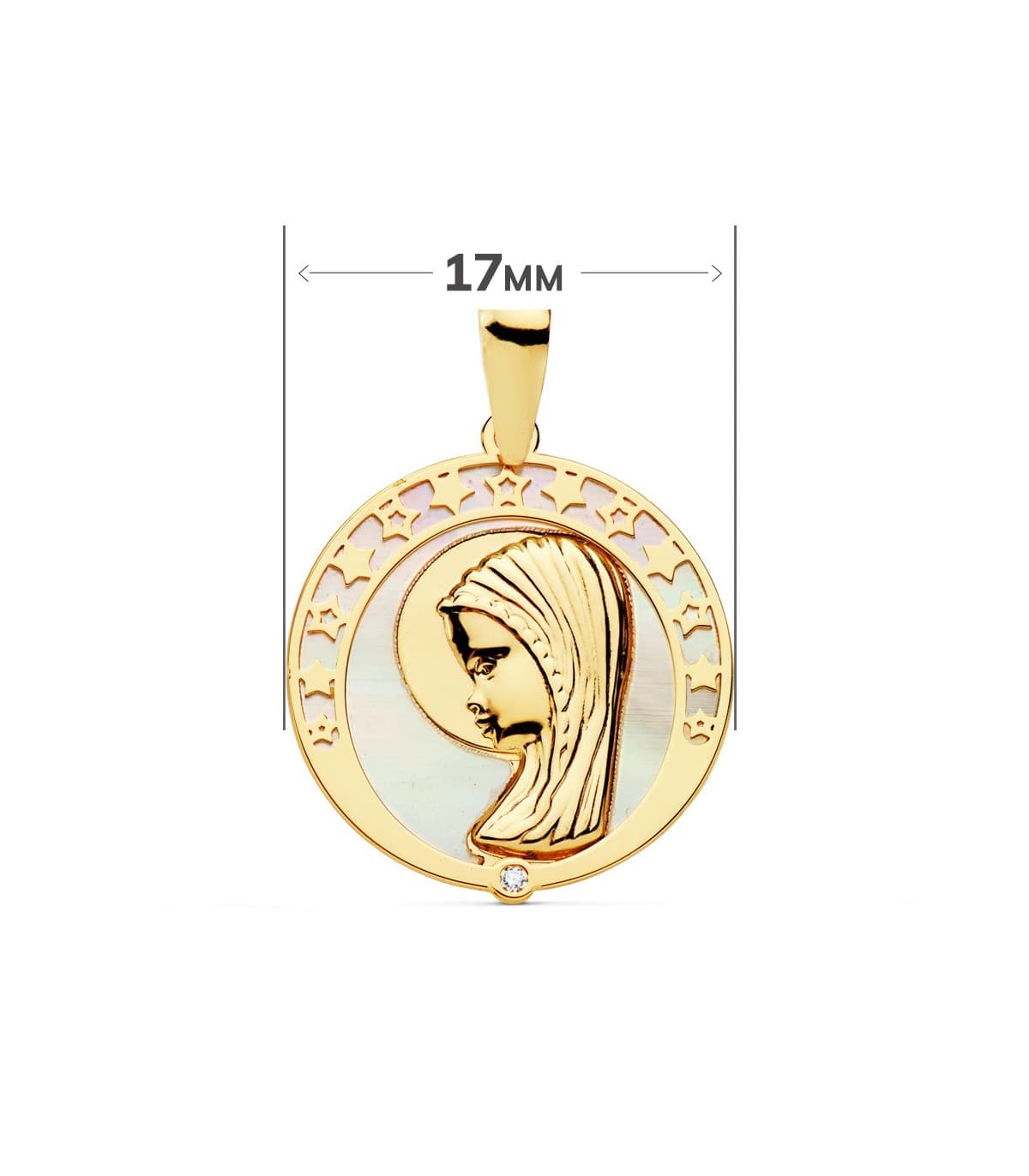 Medalla religiosa Comunión Oro 18K Virgen niña Nácar Estrellas regalo joya personalizada