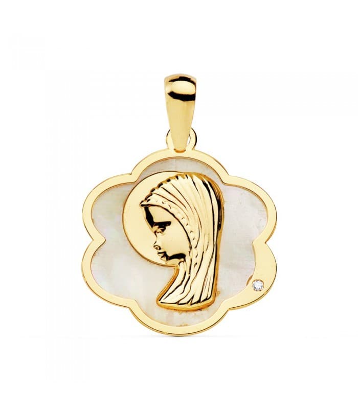 Medalla religiosa Comunión Oro 18K Virgen niña Nácar Flor regalo joya personalizada