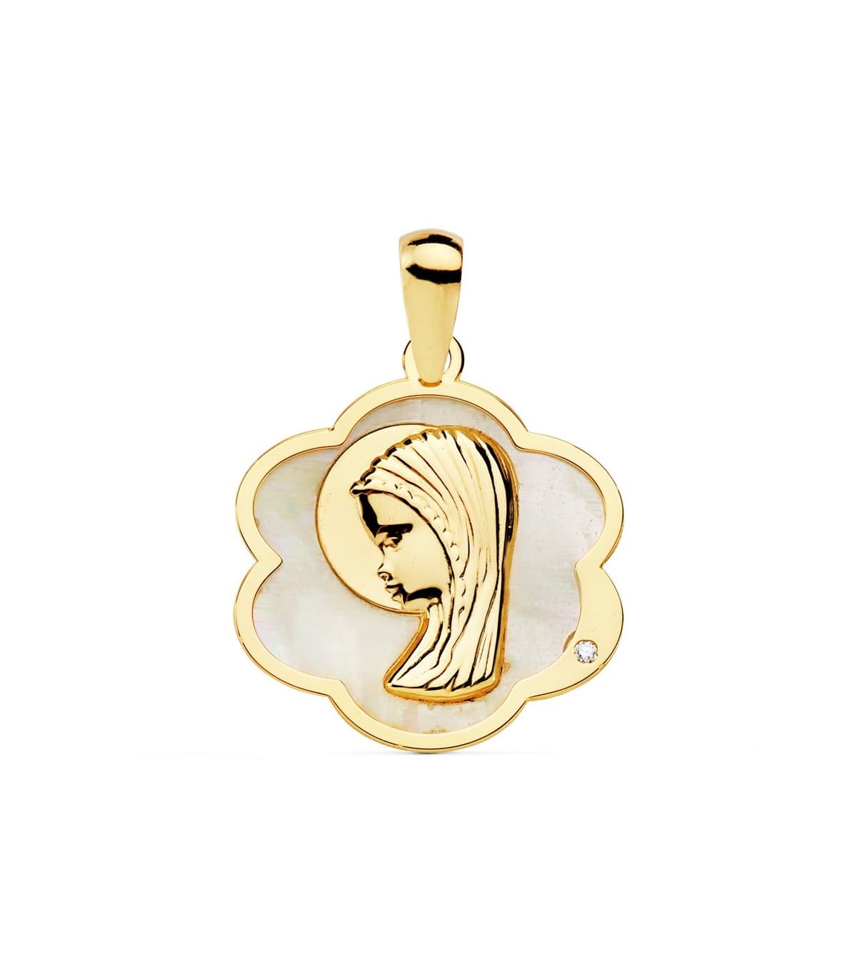 Medalla religiosa Comunión Oro 18K Virgen niña Nácar Flor regalo joya personalizada