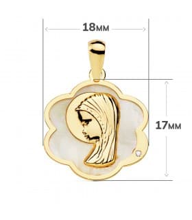 Medalla religiosa Comunión Oro 18K Virgen niña Nácar Flor regalo joya personalizada