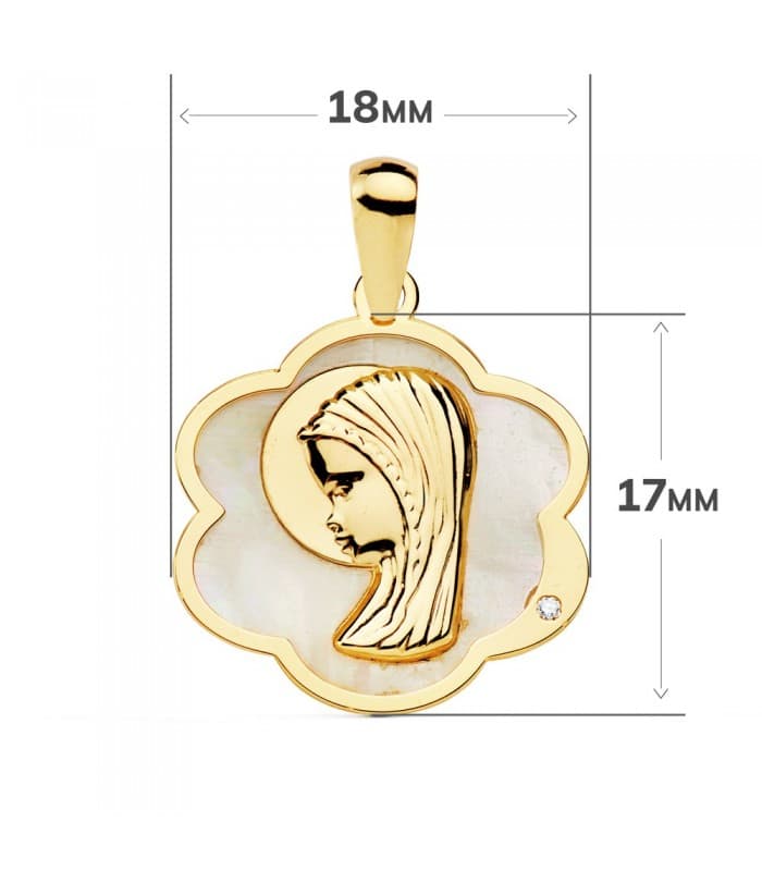 Medalla religiosa Comunión Oro 18K Virgen niña Nácar Flor regalo joya personalizada