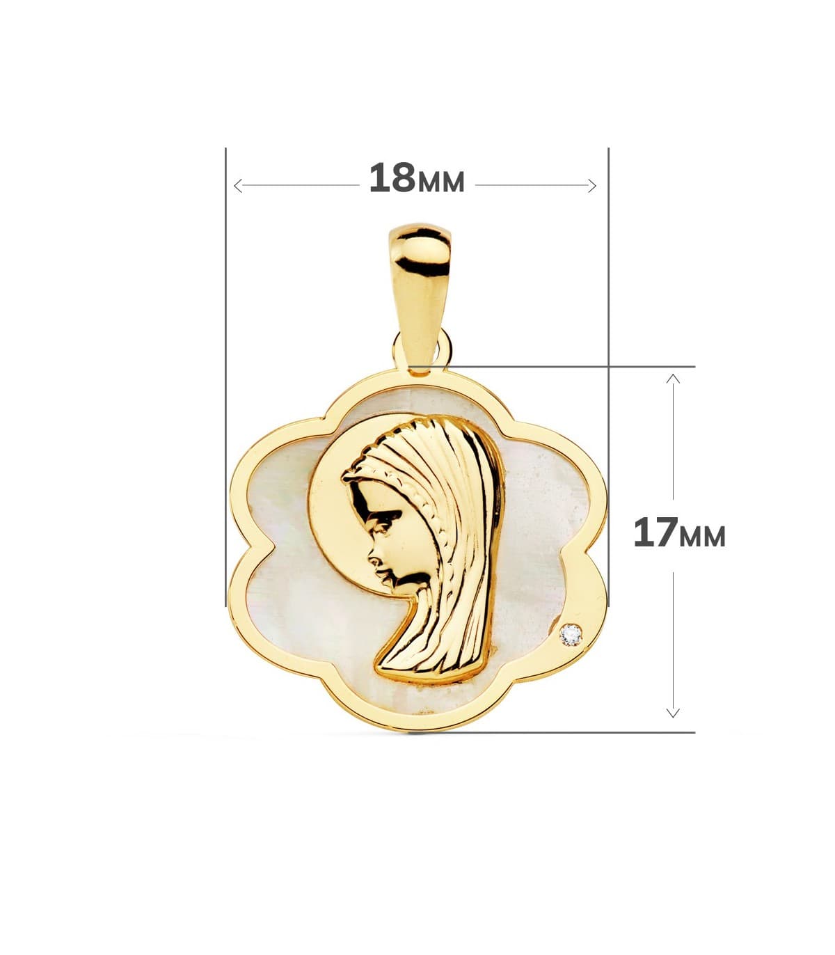 Medalla religiosa Comunión Oro 18K Virgen niña Nácar Flor regalo joya personalizada