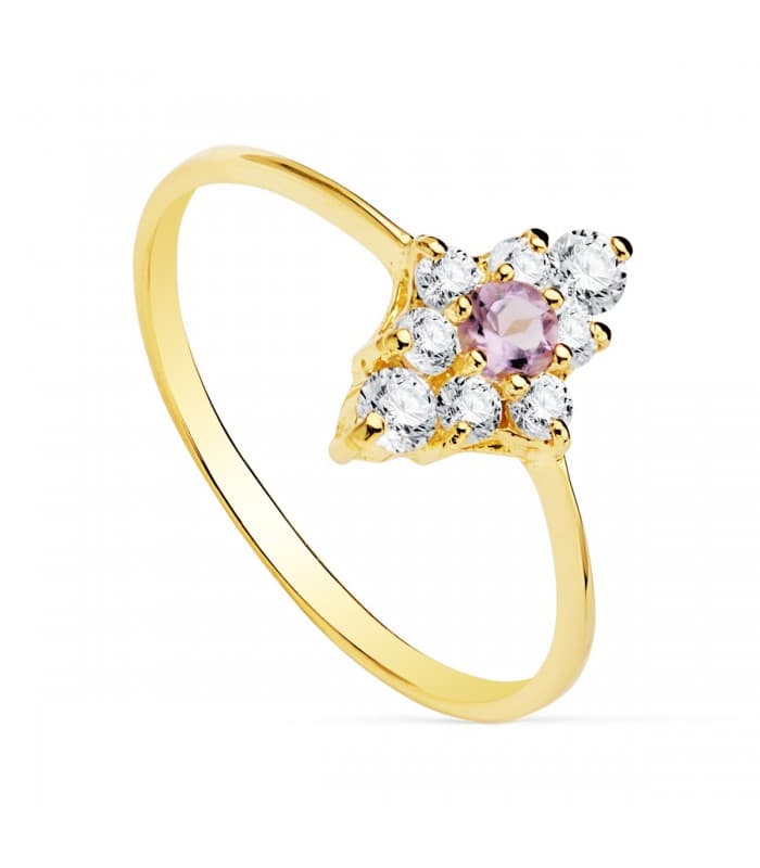 Damenring mit Steinen aus Gold 18K / 750er - Ring mit Amethyst und Zirkoniasteinen, Rautenform