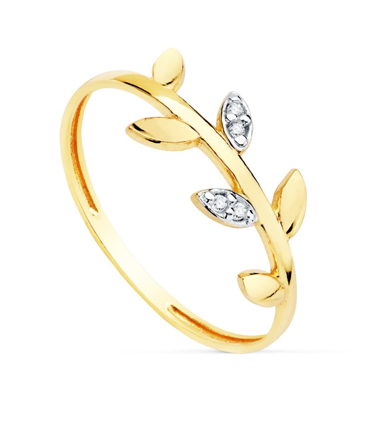 Anillo mujer Oro Bicolor 18K  Branch Sortija rama hojas moda gemas piedras estilo minimal casual