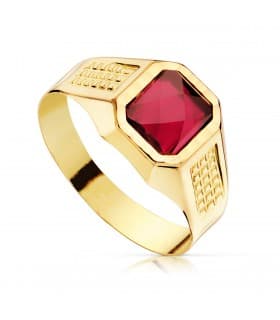 Sello cadete Liam Oro Amarillo 18K Piedra Roja anillo comunión niño regalo joya personalizable grabado gratuito