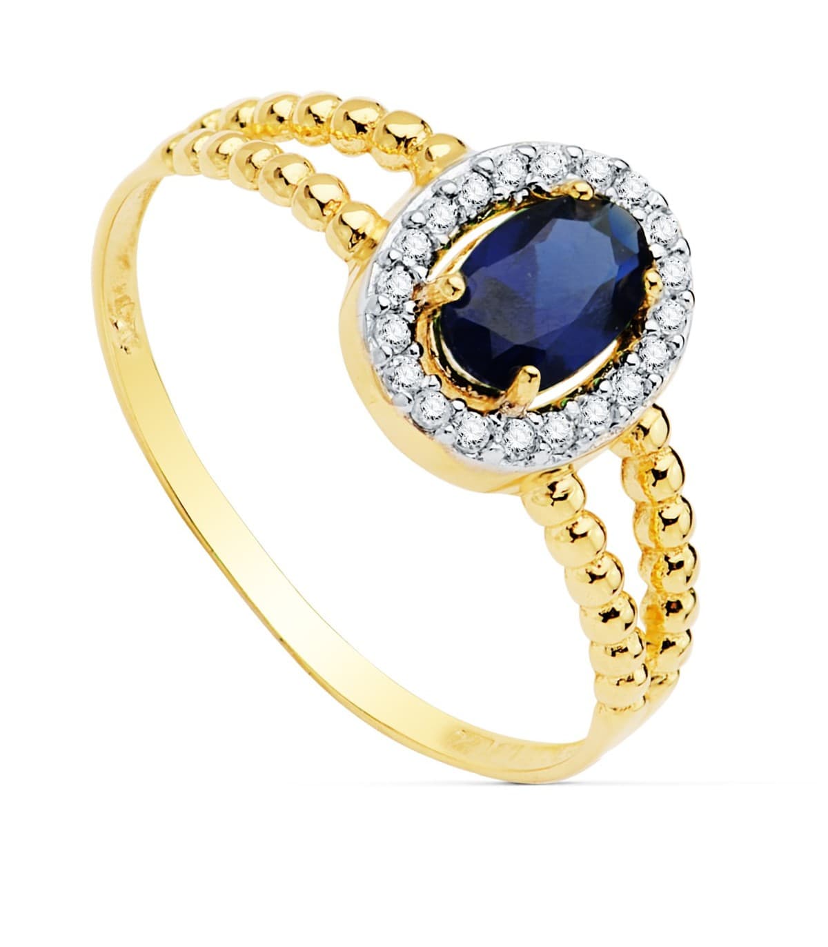 Sortija mujer Oro Amarillo 18K Orión Piedra Azul anillo bolitas