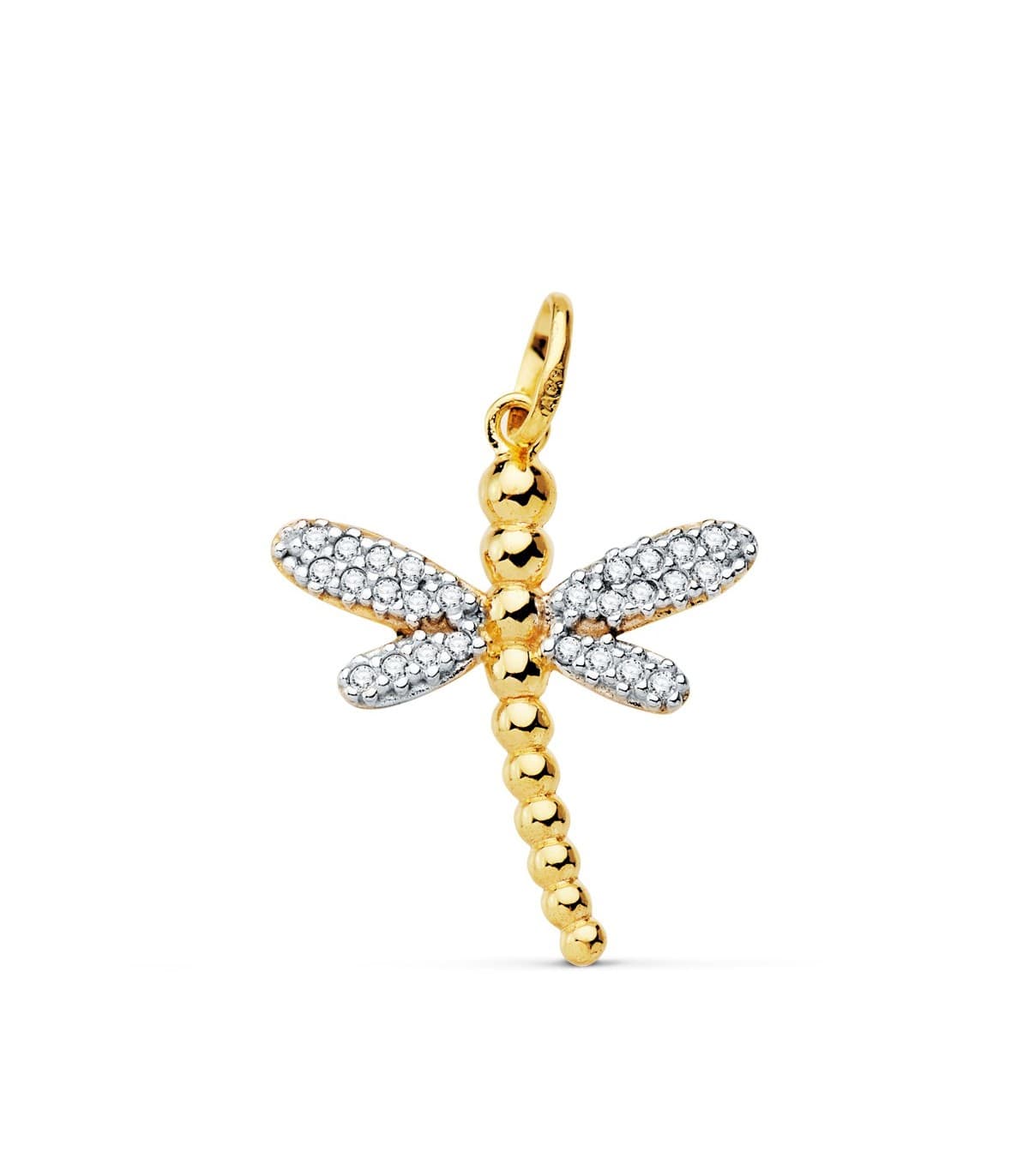 Libellula in oro giallo e bianco con zirconi e palline, 21 mm - Collane donna