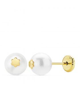 Pendientes de niña oro 18k bola perla cierre rosca flor comunion