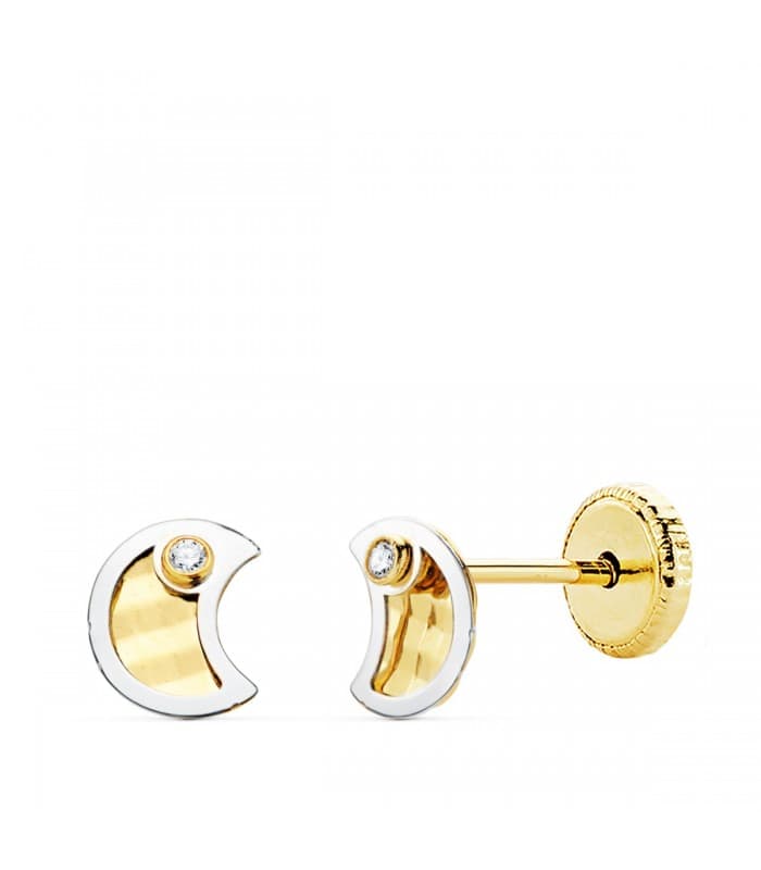 Pendientes Bebé Nalia Oro Bicolor 18K Luna 5mm. Pendientes para bebé. Ideales para regalar. Cierre a presión. Regalo bautizo.
