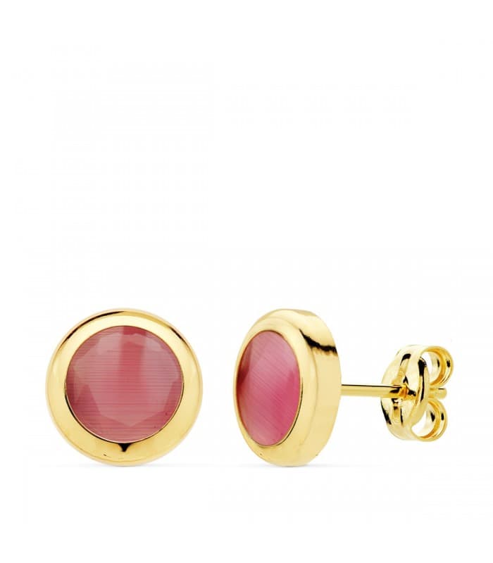 Pendientes Oro Amarillo 18K Lilo Piedra Rosa calcedonia gemas colores invitada de boda chaton circonita color dormilona