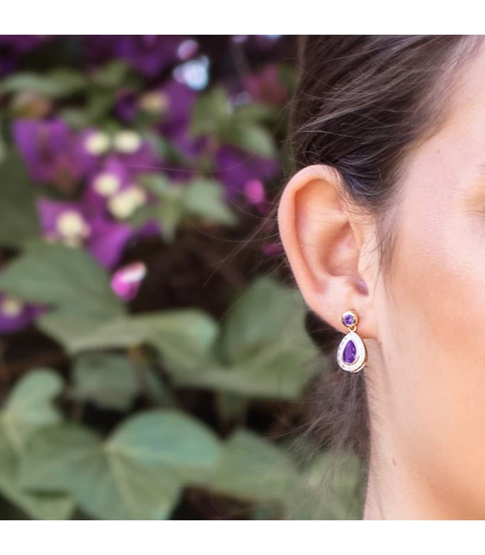 Orecchini pendenti da donna con pietre colorate, modello Nebraska ametista in due ori 18kt 18mm