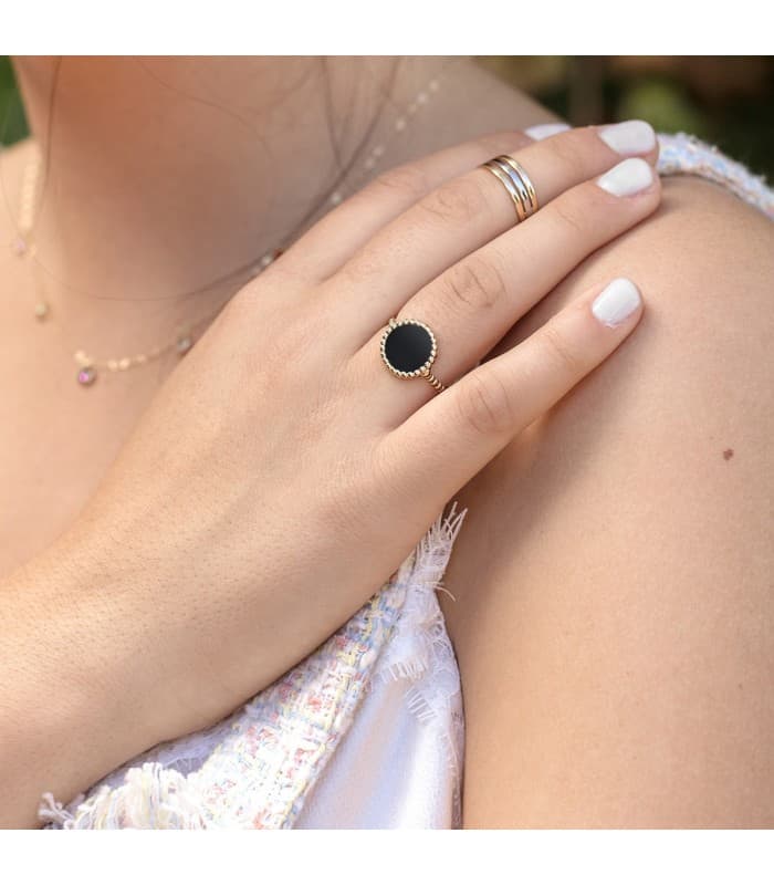 Anillo mujer Oro Amarillo 18K Black Caviar Dot sortija piedra color onix