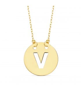 Collana iniziale V lettera oro giallo 18kt 42 cm, ciondolo piastrina con catenina.