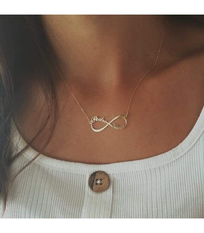 Collar personalizado infinito Oro 18K Dos nombres colgante mujer joyas