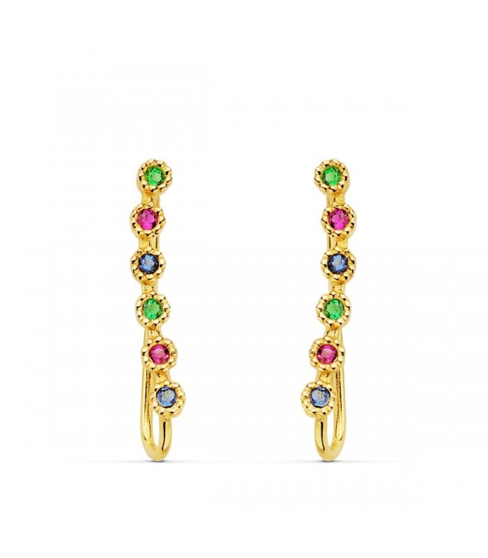 Orecchini lobo lunghi arcobaleno oro 18 kt, modello rampicanti con zirconi colorati | Gioielli donna