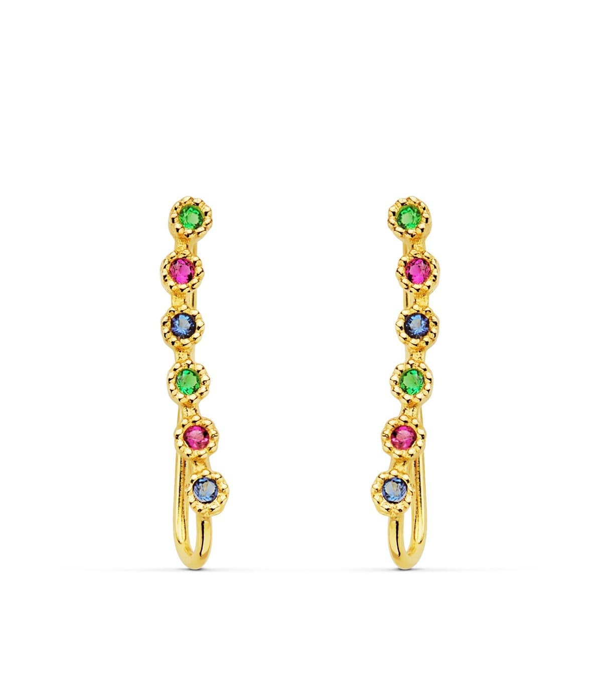 Orecchini lobo lunghi arcobaleno oro 18 kt, modello rampicanti con zirconi colorati | Gioielli donna