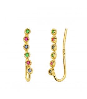 Orecchini lobo lunghi arcobaleno oro 18 kt, modello rampicanti con zirconi colorati | Gioielli donna