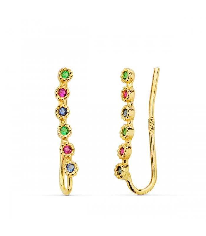 Orecchini lobo lunghi arcobaleno oro 18 kt, modello rampicanti con zirconi colorati | Gioielli donna
