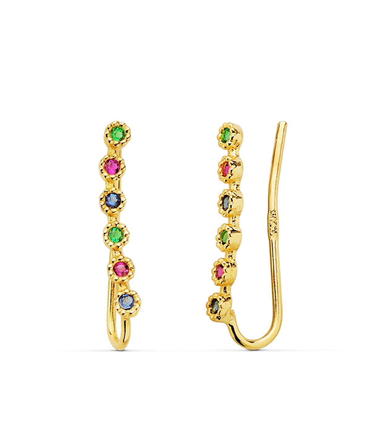 Orecchini lobo lunghi arcobaleno oro 18 kt, modello rampicanti con zirconi colorati | Gioielli donna