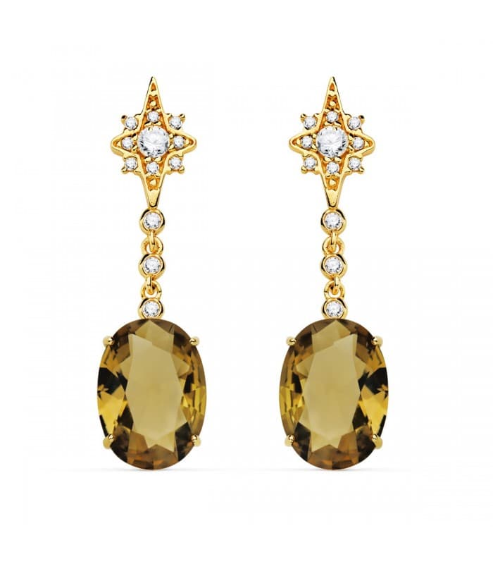 Pendientes Maryland Oro Amarillo 18K Piedra Fumé elegantes invitada boda