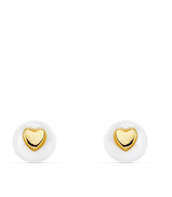 Boucles d'oreilles enfant or 18k Pearl & Heart 5mm, puces d'oreilles perle ronde et coeur