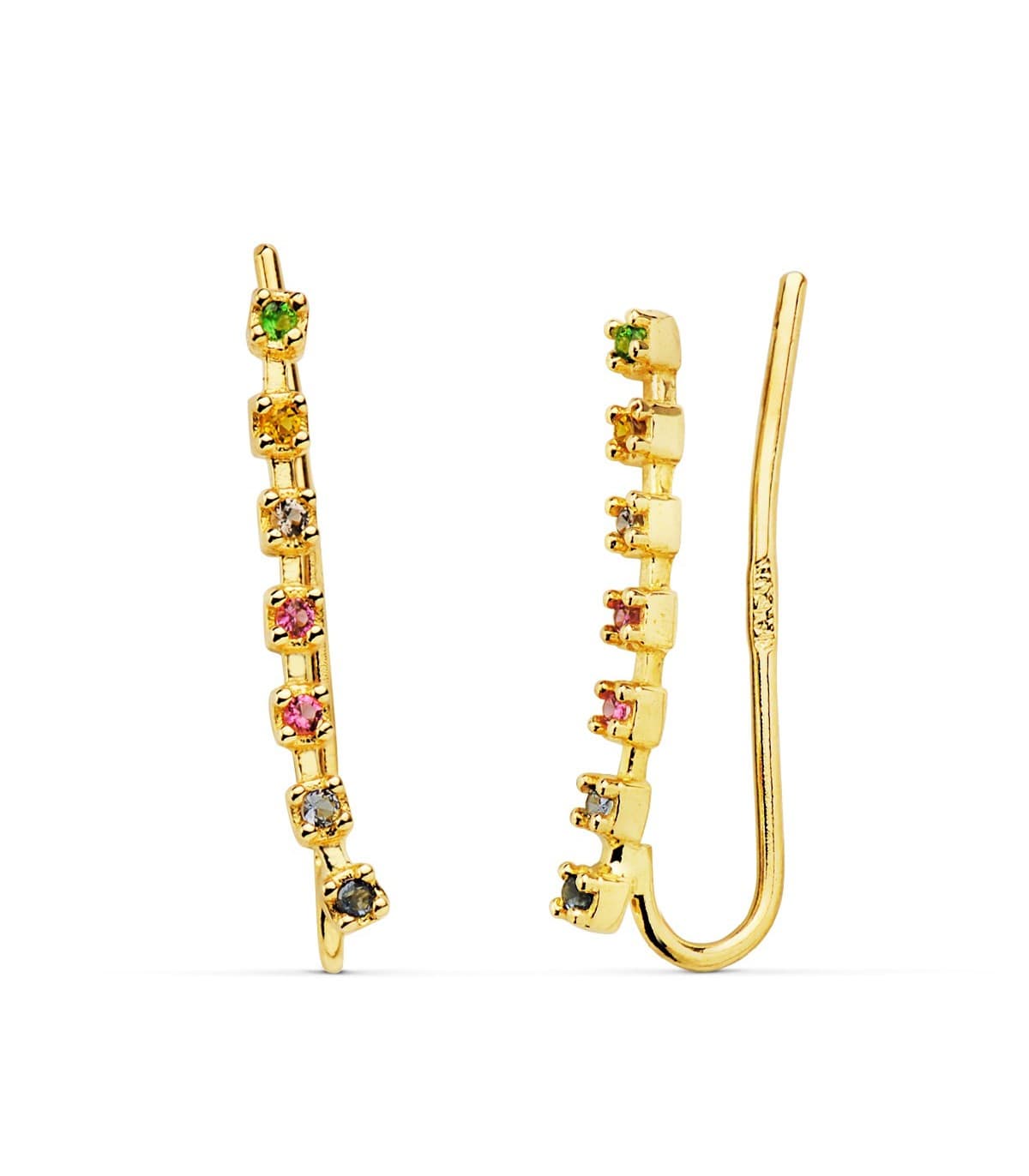 Orecchini lobo lunghi arcobaleno oro 18 kt, modello rampicanti con zirconi colorati | Gioielli donna