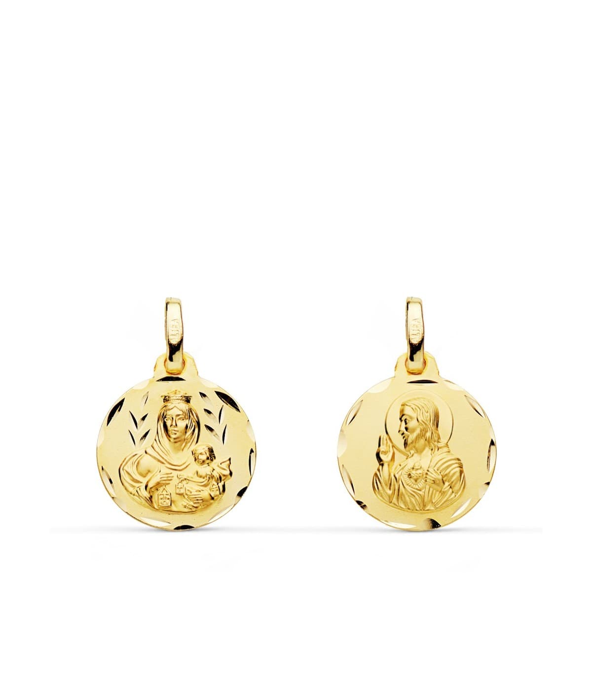 Escapulario V. Carmen / C. Jesús ORO AMARILLO 18K 14mm Tallado medalla religiosa