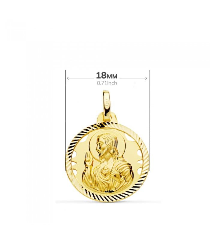 Scapulaire Vierge du Mont Carmel et Sacré Coeur Or 18 K 18mm Ajourée