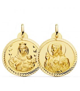 Escapulario Virgen Carmen y Corazón Jesús Medalla Oro 18k hélice 26 mm