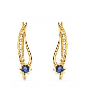 Orecchini lobo lunghi Halley oro 18 kt, modello rampicanti curvo con zirconi blu | Gioielli donna