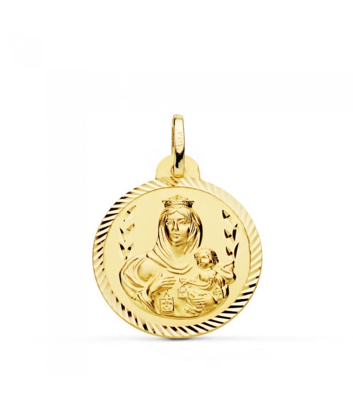 Escapulario Virgen Carmen y Corazón Jesús Medalla Oro 18k hélice 22 mm