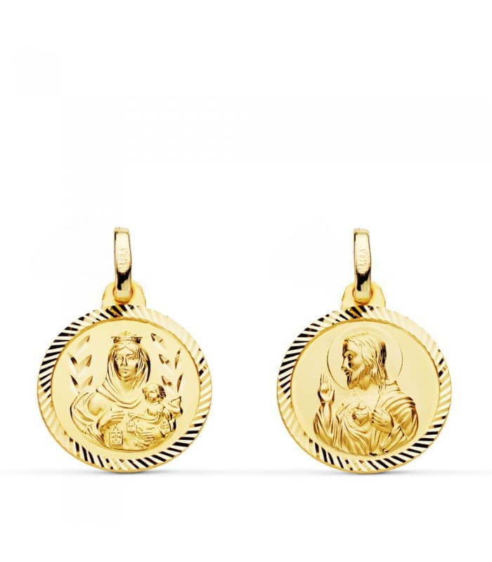 Medalla religiosa oro escapulario corazón de Jesús y virgen del Carmen