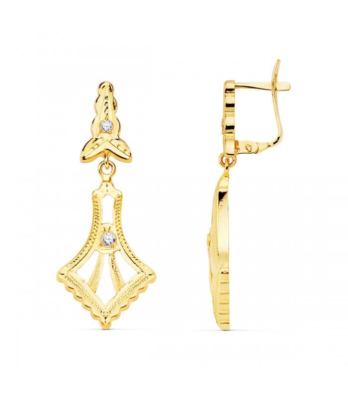 Orecchini pendenti, ideali da donna, finitura lavorata oro 18kt 35mm, stile fantasia ricamati