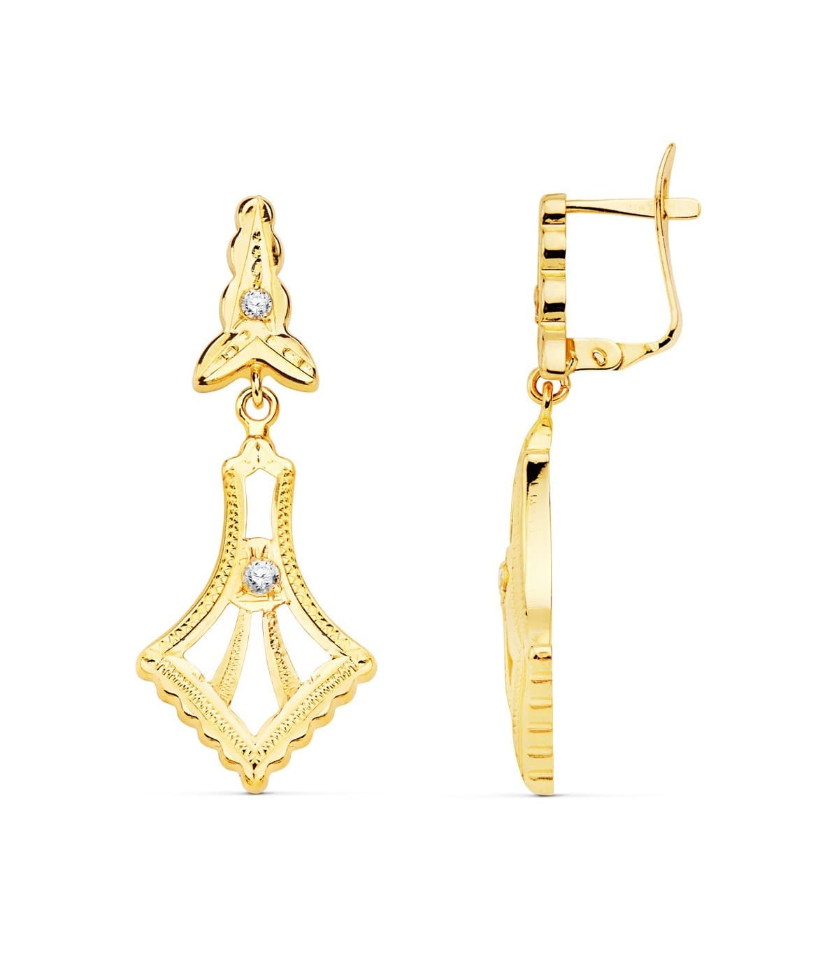 Orecchini pendenti, ideali da donna, finitura lavorata oro 18kt 35mm, stile fantasia ricamati